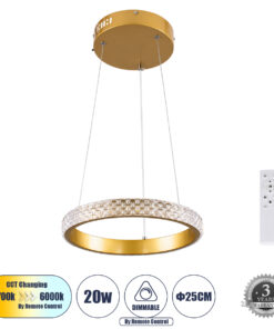 GLOBOSTAR® DIAMOND 61127 Μοντέρνο Κρεμαστό Φωτιστικό Οροφής LED 20W 2356lm 360° AC 220-240V IP20 Ρυθμιζόμενο Λευκό CCT με Χειριστήριο από 2700K έως 6000K Dimmable - Lumileds SMD Chip - Χρυσό Βούρτσας - Μ25 x Π25 x Υ3cm - 3 Χρόνια Εγγύηση