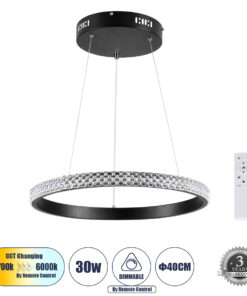 GLOBOSTAR® DIAMOND 61128 Μοντέρνο Κρεμαστό Φωτιστικό Οροφής LED 30W 3513lm 360° AC 220-240V IP20 Ρυθμιζόμενο Λευκό CCT με Χειριστήριο από 2700K έως 6000K Dimmable - Lumileds SMD Chip - Μαύρο Ματ - Μ40 x Π40 x Υ3cm - 3 Χρόνια Εγγύηση