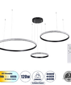 GLOBOSTAR® DIAMOND TRIO 61144 Μοντέρνο Κρεμαστό Φωτιστικό Οροφής LED 120W 14723lm 360° AC 220-240V IP20 Ρυθμιζόμενο Λευκό CCT με Χειριστήριο από 2700K έως 6000K Dimmable - Lumileds SMD Chip - Μαυρό Ματ - Μ150 x Π150 x Υ60cm - 3 Χρόνια Εγγύηση