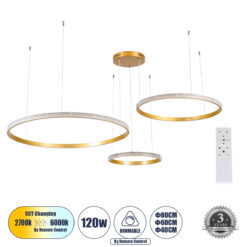 GLOBOSTAR® DIAMOND TRIO 61145 Μοντέρνο Κρεμαστό Φωτιστικό Οροφής LED 120W 14723lm 360° AC 220-240V IP20 Ρυθμιζόμενο Λευκό CCT με Χειριστήριο από 2700K έως 6000K Dimmable - Lumileds SMD Chip - Χρυσό Βούρτσας - Μ150 x Π150 x Υ60cm - 3 Χρόνια Εγγύηση