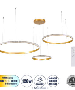 GLOBOSTAR® DIAMOND TRIO 61145 Μοντέρνο Κρεμαστό Φωτιστικό Οροφής LED 120W 14723lm 360° AC 220-240V IP20 Ρυθμιζόμενο Λευκό CCT με Χειριστήριο από 2700K έως 6000K Dimmable - Lumileds SMD Chip - Χρυσό Βούρτσας - Μ150 x Π150 x Υ60cm - 3 Χρόνια Εγγύηση
