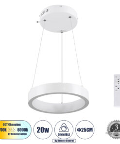 GLOBOSTAR® NEMESIS 61153 Μοντέρνο Κρεμαστό Φωτιστικό Οροφής LED 20W 2356lm 360° AC 220-240V IP20 Ρυθμιζόμενο Λευκό CCT με Χειριστήριο από 2700K έως 6000K Dimmable - Lumileds SMD Chip - Λευκό Ματ - Μ25 x Π25 x Υ4cm - 3 Χρόνια Εγγύηση
