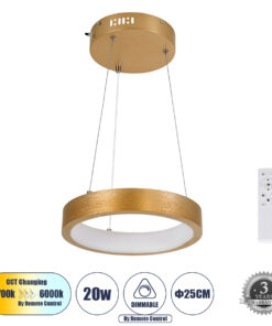GLOBOSTAR® NEMESIS 61154 Μοντέρνο Κρεμαστό Φωτιστικό Οροφής LED 20W 2356lm 360° AC 220-240V IP20 Ρυθμιζόμενο Λευκό CCT με Χειριστήριο από 2700K έως 6000K Dimmable - Lumileds SMD Chip - Χρυσό Βούρτσας - Μ25 x Π25 x Υ4cm - 3 Χρόνια Εγγύηση