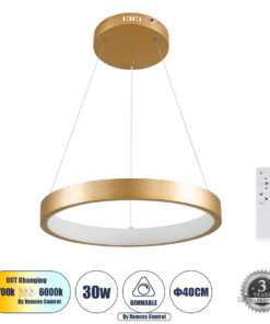 GLOBOSTAR® NEMESIS 61157 Μοντέρνο Κρεμαστό Φωτιστικό Οροφής LED 30W 3513lm 360° AC 220-240V IP20 Ρυθμιζόμενο Λευκό CCT με Χειριστήριο από 2700K έως 6000K Dimmable - Lumileds SMD Chip - Χρυσό Βούρτσας - Μ40 x Π40 x Υ4cm - 3 Χρόνια Εγγύηση