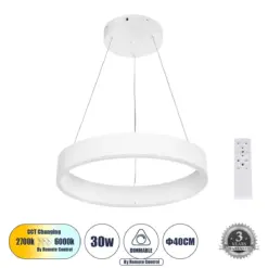 GLOBOSTAR® VENOM 61174 Μοντέρνο Κρεμαστό Φωτιστικό Οροφής LED 30W 3513lm 120° AC 220-240V IP20 Ρυθμιζόμενο Λευκό CCT με Χειριστήριο από 2700K έως 6000K Dimmable - Lumileds SMD Chip - Λευκό Ματ - Μ40 x Π40 x Υ6.5cm - 3 Χρόνια Εγγύηση