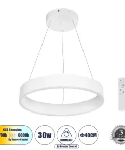 GLOBOSTAR® VENOM 61174 Μοντέρνο Κρεμαστό Φωτιστικό Οροφής LED 30W 3513lm 120° AC 220-240V IP20 Ρυθμιζόμενο Λευκό CCT με Χειριστήριο από 2700K έως 6000K Dimmable - Lumileds SMD Chip - Λευκό Ματ - Μ40 x Π40 x Υ6.5cm - 3 Χρόνια Εγγύηση