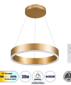 GLOBOSTAR® VENOM 61175 Μοντέρνο Κρεμαστό Φωτιστικό Οροφής LED 30W 3513lm 120° AC 220-240V IP20 Ρυθμιζόμενο Λευκό CCT με Χειριστήριο από 2700K έως 6000K Dimmable - Lumileds SMD Chip - Χρυσό Βούρτσας - Μ40 x Π40 x Υ6.5cm - 3 Χρόνια Εγγύηση