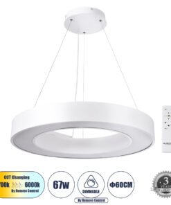 GLOBOSTAR® RA 61195 Μοντέρνο Κρεμαστό Φωτιστικό Οροφής LED 67W 7370lm 120° AC 220-240V IP20 Ρυθμιζόμενο Λευκό CCT με Χειριστήριο από 2700K έως 6000K Dimmable - Lumileds SMD Chip - Λευκό Ματ - Μ60 x Π60 x Υ8cm - 3 Χρόνια Εγγύηση