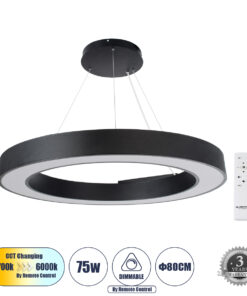 GLOBOSTAR® RA 61196 Μοντέρνο Κρεμαστό Φωτιστικό Οροφής LED 75W 8250lm 120° AC 220-240V IP20 Ρυθμιζόμενο Λευκό CCT με Χειριστήριο από 2700K έως 6000K Dimmable - Lumileds SMD Chip - Μαύρο Ματ - Μ80 x Π80 x Υ8cm - 3 Χρόνια Εγγύηση