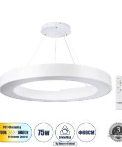 GLOBOSTAR® RA 61197 Μοντέρνο Κρεμαστό Φωτιστικό Οροφής LED 75W 8250lm 120° AC 220-240V IP20 Ρυθμιζόμενο Λευκό CCT με Χειριστήριο από 2700K έως 6000K Dimmable - Lumileds SMD Chip - Λευκό Ματ - Μ80 x Π80 x Υ8cm - 3 Χρόνια Εγγύηση