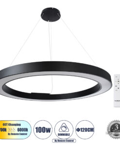 GLOBOSTAR® RA 61198 Μοντέρνο Κρεμαστό Φωτιστικό Οροφής LED 100W 11020lm 120° AC 220-240V IP20 Ρυθμιζόμενο Λευκό CCT με Χειριστήριο από 2700K έως 6000K Dimmable - Lumileds SMD Chip - Μαύρο Ματ - Μ120 x Π120 x Υ8cm - 3 Χρόνια Εγγύηση