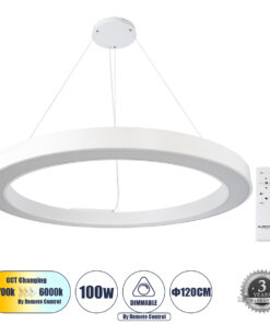 GLOBOSTAR® RA 61199 Μοντέρνο Κρεμαστό Φωτιστικό Οροφής LED 100W 11020lm 120° AC 220-240V IP20 Ρυθμιζόμενο Λευκό CCT με Χειριστήριο από 2700K έως 6000K Dimmable - Lumileds SMD Chip - Λευκό Ματ - Μ120 x Π120 x Υ8cm - 3 Χρόνια Εγγύηση