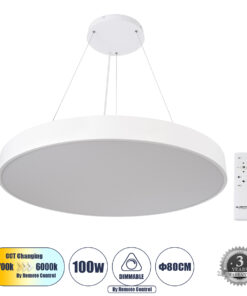 GLOBOSTAR® BURTON 61205 Μοντέρνο Κρεμαστό Φωτιστικό Οροφής LED 100W 11020lm 120° AC 220-240V IP20 Ρυθμιζόμενο Λευκό CCT με Χειριστήριο από 2700K έως 6000K Dimmable - Lumileds SMD Chip - Λευκό Ματ - Μ80 x Π80 x Υ8cm - 3 Χρόνια Εγγύηση