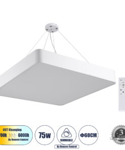 GLOBOSTAR® KAMALA 61209 Μοντέρνο Κρεμαστό Φωτιστικό Οροφής LED 75W 8625lm 120° AC 220-240V IP20 Ρυθμιζόμενο Λευκό CCT με Χειριστήριο από 2700K έως 6000K Dimmable - Lumileds SMD Chip - Λευκό Ματ - Μ60 x Π60 x Υ8cm - 3 Χρόνια Εγγύηση