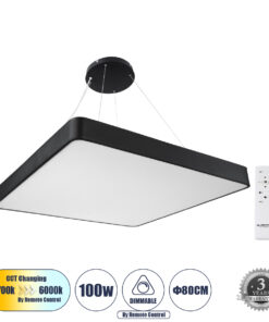 GLOBOSTAR® KAMALA 61210-P Μοντέρνο Κρεμαστό Φωτιστικό Οροφής LED 100W 11020lm 120° AC 220-240V IP20 Ρυθμιζόμενο Λευκό CCT με Χειριστήριο από 2700K έως 6000K Dimmable - Lumileds SMD Chip - Μαύρο Ματ - Μ80 x Π80 x Υ8cm - 3 Χρόνια Εγγύηση