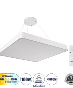 GLOBOSTAR® KAMALA 61211-P Μοντέρνο Κρεμαστό Φωτιστικό Οροφής LED 100W 11020lm 120° AC 220-240V IP20 Ρυθμιζόμενο Λευκό CCT με Χειριστήριο από 2700K έως 6000K Dimmable - Lumileds SMD Chip - Λευκό Ματ - Μ80 x Π80 x Υ8cm - 3 Χρόνια Εγγύηση