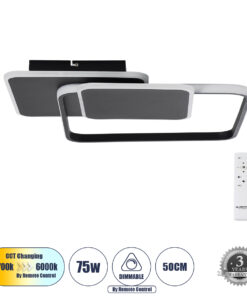 GLOBOSTAR® SQUARO 61231 Μοντέρνο Φωτιστικό Οροφής LED 75W 8400lm 360° AC 220-240V IP20 Ρυθμιζόμενο Λευκό CCT με Χειριστήριο από 2700K έως 6000K Dimmable - Lumileds SMD Chip - Μαύρο Ματ - Μ48.5 x Π51 x Υ9cm - 3 Χρόνια Εγγύηση
