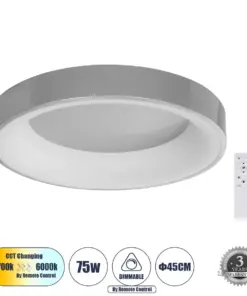 GLOBOSTAR® SALEM 61234 Μοντέρνο Φωτιστικό Οροφής LED 75W 8625lm 120° AC 220-240V IP20 Ρυθμιζόμενο Λευκό CCT με Χειριστήριο από 2700K έως 6000K Dimmable - Lumileds SMD Chip - Γκρι - Μ45 x Π45 x Υ9.5cm - 3 Χρόνια Εγγύηση