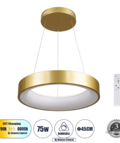 GLOBOSTAR® SALEM 61243 Μοντέρνο Κρεμαστό Φωτιστικό Οροφής LED 75W 8625lm 120° AC 220-240V IP20 Ρυθμιζόμενο Λευκό CCT με Χειριστήριο από 2700K έως 6000K Dimmable - Lumileds SMD Chip - Χρυσό - Μ45 x Π45 x Υ6cm - 3 Χρόνια Εγγύηση