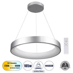 GLOBOSTAR® SALEM 61246 Μοντέρνο Κρεμαστό Φωτιστικό Οροφής LED 105W 12075lm 120° AC 220-240V IP20 Ρυθμιζόμενο Λευκό CCT με Χειριστήριο από 2700K έως 6000K Dimmable - Lumileds SMD Chip - Γκρι - Μ60 x Π60 x Υ6cm - 3 Χρόνια Εγγύηση