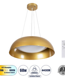 GLOBOSTAR® ANATOLIA 61268 Μοντέρνο Κρεμαστό Φωτιστικό Οροφής LED 60W 6900lm 120° AC 220-240V IP20 Ρυθμιζόμενο Λευκό CCT με Χειριστήριο από 2700K έως 6000K Dimmable - Lumileds SMD Chip - Χρυσό - Μ43 x Π43 x Υ11cm - 3 Χρόνια Εγγύηση