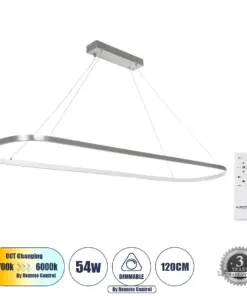 GLOBOSTAR® BOLIVAR 61273 Μοντέρνο Κρεμαστό Φωτιστικό Οροφής LED 54W 6210lm 360° AC 220-240V IP20 Ρυθμιζόμενο Λευκό CCT με Χειριστήριο από 2700K έως 6000K Dimmable - Lumileds SMD Chip - Νίκελ Βούρτσας - Μ120 x Π30 x Υ2cm - 3 Χρόνια Εγγύηση
