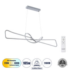 GLOBOSTAR® DOLORES 61281 Μοντέρνο Κρεμαστό Φωτιστικό Οροφής LED 105W 11760lm 300° AC 220-240V IP20 Ρυθμιζόμενο Λευκό CCT με Χειριστήριο από 2700K έως 6000K Dimmable - Lumileds SMD Chip - Νίκελ Βούρτσας - Μ110 x Π17 x Υ17.5cm - 3 Χρόνια Εγγύηση