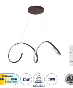 GLOBOSTAR® SPIRALE 61287 Μοντέρνο Κρεμαστό Φωτιστικό Οροφής LED 75W 8400lm 300° AC 220-240V IP20 Ρυθμιζόμενο Λευκό CCT με Χειριστήριο από 2700K έως 6000K Dimmable - Lumileds SMD Chip - Καφέ Ματ - Μ72 x Π25 x Υ30cm - 3 Χρόνια Εγγύηση