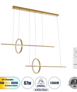 GLOBOSTAR® LINEARE 61291 Μοντέρνο Κρεμαστό Φωτιστικό Οροφής LED 67W 7504lm 300° AC 220-240V IP20 Ρυθμιζόμενο Λευκό CCT με Χειριστήριο από 2700K έως 6000K Dimmable - Lumileds SMD Chip - Χρυσό Βούρτσας - Μ130 x Π25 x Υ60cm - 3 Χρόνια Εγγύηση