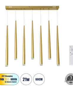 GLOBOSTAR® TEARS 61312 Μοντέρνο Κρεμαστό Φωτιστικό Οροφής LED 21W 2310lm 180° AC 220-240V IP20 Ρυθμιζόμενο Λευκό CCT με Χειριστήριο από 2700K έως 6000K Dimmable - Lumileds SMD Chip - Χρυσό Βούρτσας - Μ70 x Π3.2 x Υ60cm - 3 Χρόνια Εγγύηση