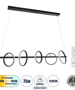 GLOBOSTAR® CIRCOLARE 61319 Μοντέρνο Κρεμαστό Φωτιστικό Οροφής LED 75W 8400lm 360° AC 220-240V IP20 Ρυθμιζόμενο Λευκό CCT με Χειριστήριο από 2700K έως 6000K Dimmable - Lumileds SMD Chip - Μαύρο Ματ - Μ120 x Π25 x Υ25cm - 3 Χρόνια Εγγύηση