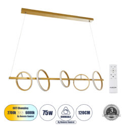 GLOBOSTAR® CIRCOLARE 61322 Μοντέρνο Κρεμαστό Φωτιστικό Οροφής LED 75W 8400lm 360° AC 220-240V IP20 Ρυθμιζόμενο Λευκό CCT με Χειριστήριο από 2700K έως 6000K Dimmable - Lumileds SMD Chip - Χρυσό - Μ120 x Π25 x Υ25cm - 3 Χρόνια Εγγύηση