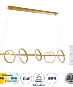 GLOBOSTAR® CIRCOLARE 61322 Μοντέρνο Κρεμαστό Φωτιστικό Οροφής LED 75W 8400lm 360° AC 220-240V IP20 Ρυθμιζόμενο Λευκό CCT με Χειριστήριο από 2700K έως 6000K Dimmable - Lumileds SMD Chip - Χρυσό - Μ120 x Π25 x Υ25cm - 3 Χρόνια Εγγύηση