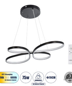 GLOBOSTAR® BUTTERFLY 61391 Μοντέρνο Κρεμαστό Φωτιστικό Οροφής LED 75W 8400lm 300° AC 220-240V IP20 Ρυθμιζόμενο Λευκό CCT με Χειριστήριο από 2700K έως 6000K Dimmable - Lumileds SMD Chip - Μαύρο Ματ - Μ70 x Π55 x Υ4cm - 3 Χρόνια Εγγύηση