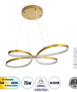 GLOBOSTAR® BUTTERFLY 61393 Μοντέρνο Κρεμαστό Φωτιστικό Οροφής LED 75W 8400lm 300° AC 220-240V IP20 Ρυθμιζόμενο Λευκό CCT με Χειριστήριο από 2700K έως 6000K Dimmable - Lumileds SMD Chip - Χρυσό Βούρτσας - Μ70 x Π55 x Υ4cm - 3 Χρόνια Εγγύηση
