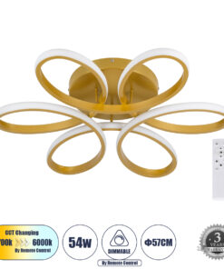 GLOBOSTAR® MARGARET 61403 Μοντέρνο Φωτιστικό Οροφής LED 54W 6210lm 360° AC 220-240V IP20 Ρυθμιζόμενο Λευκό CCT με Χειριστήριο από 2700K έως 6000K Dimmable - Lumileds SMD Chip - Χρυσό Βούρτσας - Μ57 x Π57 x Υ12cm - 3 Χρόνια Εγγύηση