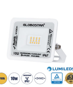 GLOBOSTAR® ATLAS 61406 Προβολέας LED 10W 1150lm 120° AC 220-240V Αδιάβροχο IP67 Θερμό Λευκό 2700K - Lumileds SMD Chip - TÜV Rheinland Certified - Λευκό Ματ - Μ10 x Π2 x Υ8cm - 5 Χρόνια Εγγύηση