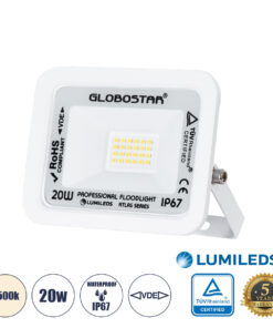 GLOBOSTAR® ATLAS 61408 Προβολέας LED 20W 2400lm 120° AC 220-240V Αδιάβροχο IP67 Φυσικό Λευκό 4500K - Lumileds SMD Chip - TÜV Rheinland Certified - Λευκό Ματ - Μ12 x Π2.5 x Υ9.5cm - 5 Χρόνια Εγγύηση