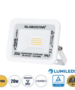 GLOBOSTAR® ATLAS 61409 Προβολέας LED 20W 2300lm 120° AC 220-240V Αδιάβροχο IP67 Θερμό Λευκό 2700K - Lumileds SMD Chip - TÜV Rheinland Certified - Λευκό Ματ - Μ12 x Π2.5 x Υ9.5cm - 5 Χρόνια Εγγύηση