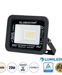 GLOBOSTAR® ATLAS 61411 Προβολέας LED 20W 2400lm 120° AC 220-240V Αδιάβροχο IP67 Φυσικό Λευκό 4500K - Lumileds SMD Chip - TÜV Rheinland Certified - Μαύρο Ματ - Μ12 x Π2.5 x Υ9.5cm - 5 Χρόνια Εγγύηση