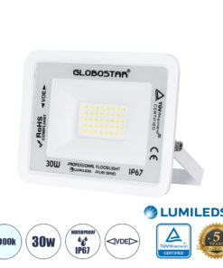 GLOBOSTAR® ATLAS 61413 Προβολέας LED 30W 3750lm 120° AC 220-240V Αδιάβροχο IP67 Ψυχρό Λευκό 6000K - Lumileds SMD Chip - TÜV Rheinland Certified - Λευκό Ματ - Μ16 x Π2.5 x Υ12.5cm - 5 Χρόνια Εγγύηση