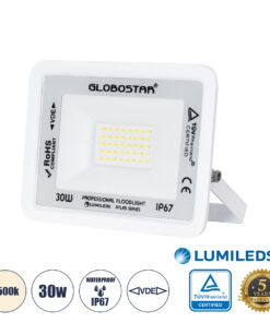 GLOBOSTAR® ATLAS 61414 Προβολέας LED 30W 3600lm 120° AC 220-240V Αδιάβροχο IP67 Φυσικό Λευκό 4500K - Lumileds SMD Chip - TÜV Rheinland Certified - Λευκό Ματ - Μ16 x Π2.5 x Υ12.5cm - 5 Χρόνια Εγγύηση