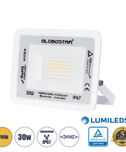 GLOBOSTAR® ATLAS 61415 Προβολέας LED 30W 3450lm 120° AC 220-240V Αδιάβροχο IP67 Θερμό Λευκό 2700K - Lumileds SMD Chip - TÜV Rheinland Certified - Λευκό Ματ - Μ16 x Π2.5 x Υ12.5cm - 5 Χρόνια Εγγύηση