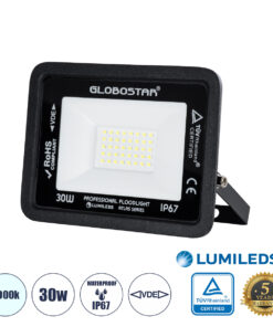 GLOBOSTAR® ATLAS 61416 Προβολέας LED 30W 3750lm 120° AC 220-240V Αδιάβροχο IP67 Ψυχρό Λευκό 6000K - Lumileds SMD Chip - TÜV Rheinland Certified - Μαύρο Ματ - Μ16 x Π2.5 x Υ12.5cm - 5 Χρόνια Εγγύηση