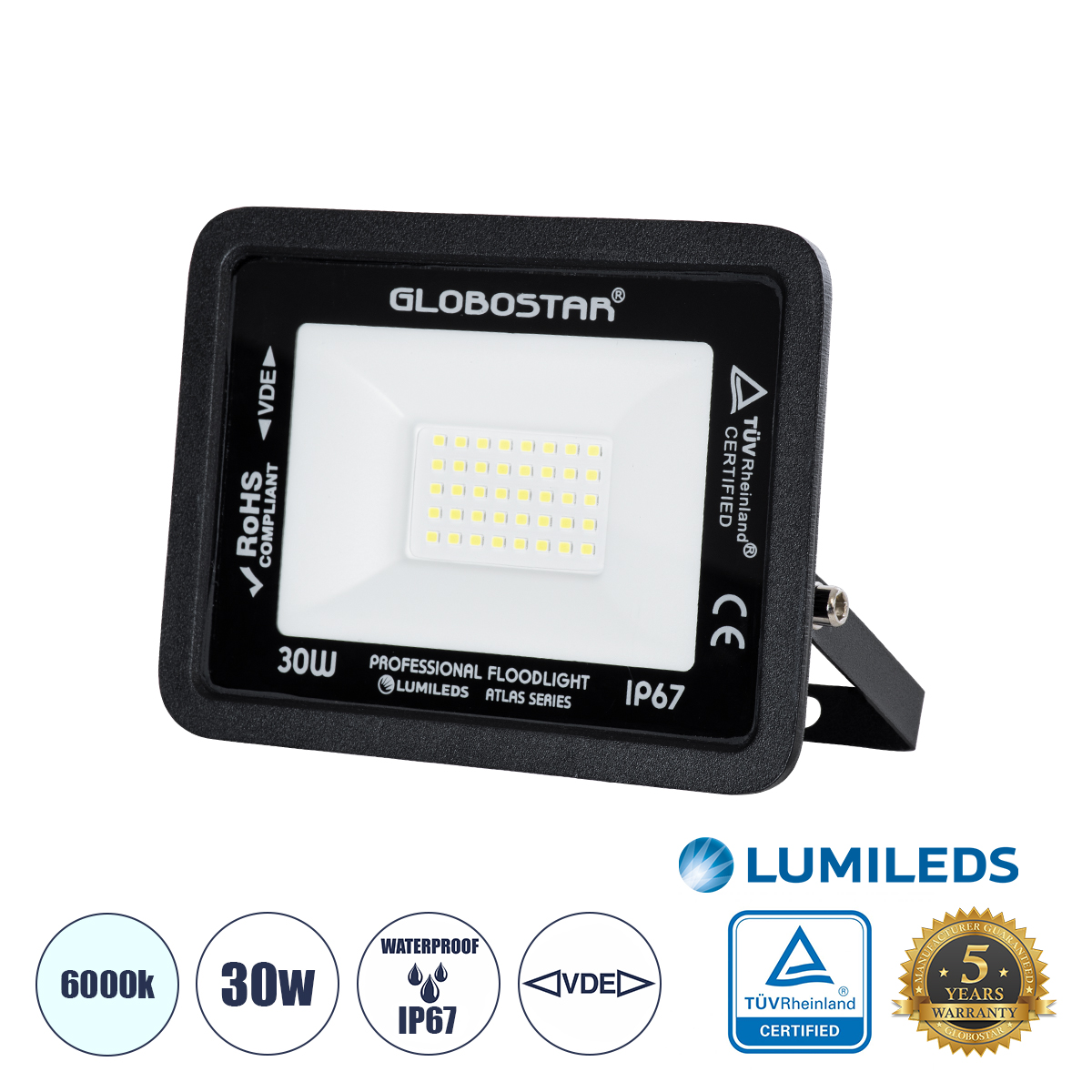 GLOBOSTAR® ATLAS 61416 Προβολέας LED 30W 3750lm 120° AC 220-240V Αδιάβροχο IP67 Ψυχρό Λευκό 6000K - Lumileds SMD Chip - TÜV Rheinland Certified - Μαύρο Ματ - Μ16 x Π2.5 x Υ12.5cm - 5 Χρόνια Εγγύηση