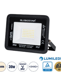 GLOBOSTAR® ATLAS 61417 Προβολέας LED 30W 3600lm 120° AC 220-240V Αδιάβροχο IP67 Φυσικό Λευκό 4500K - Lumileds SMD Chip - TÜV Rheinland Certified - Μαύρο Ματ - Μ16 x Π2.5 x Υ12.5cm - 5 Χρόνια Εγγύηση