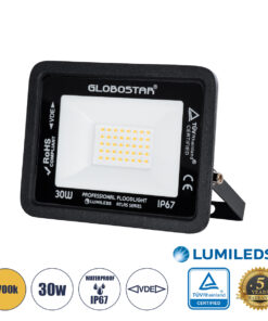 GLOBOSTAR® ATLAS 61418 Προβολέας LED 30W 3450lm 120° AC 220-240V Αδιάβροχο IP67 Θερμό Λευκό 2700K - Lumileds SMD Chip - TÜV Rheinland Certified - Μαύρο Ματ - Μ16 x Π2.5 x Υ12.5cm - 5 Χρόνια Εγγύηση