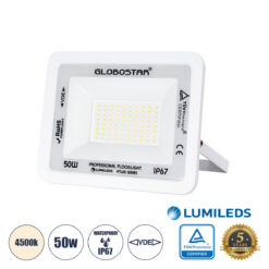 GLOBOSTAR® ATLAS 61420 Προβολέας LED 50W 6000lm 120° AC 220-240V Αδιάβροχο IP67 Φυσικό Λευκό 4500K - Lumileds SMD Chip - TÜV Rheinland Certified - Λευκό Ματ - Μ21 x Π3.5 x Υ16cm - 5 Χρόνια Εγγύηση