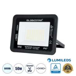 GLOBOSTAR® ATLAS 61422 Προβολέας LED 50W 6250lm 120° AC 220-240V Αδιάβροχο IP67 Ψυχρό Λευκό 6000K - Lumileds SMD Chip - TÜV Rheinland Certified - Μαύρο Ματ - Μ21 x Π3.5 x Υ16cm - 5 Χρόνια Εγγύηση
