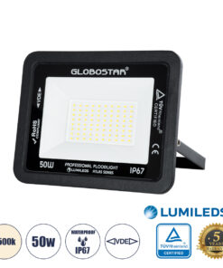 GLOBOSTAR® ATLAS 61423 Προβολέας LED 50W 6000lm 120° AC 220-240V Αδιάβροχο IP67 Φυσικό Λευκό 4500K - Lumileds SMD Chip - TÜV Rheinland Certified - Μαύρο Ματ - Μ21 x Π3.5 x Υ16cm - 5 Χρόνια Εγγύηση